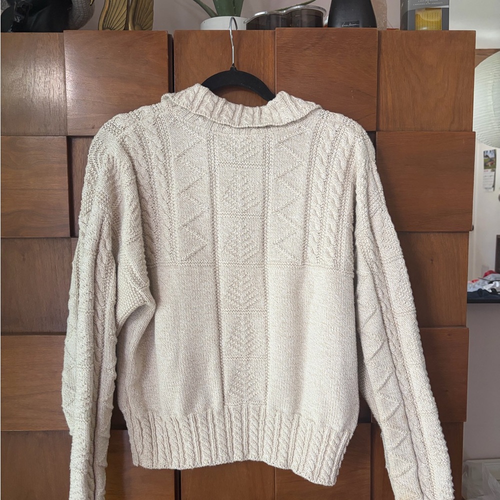 Vintage Cable Knit Cardigan Cream 100% Cotton Chunky Sweater Minimalist - Picture 2 of 7